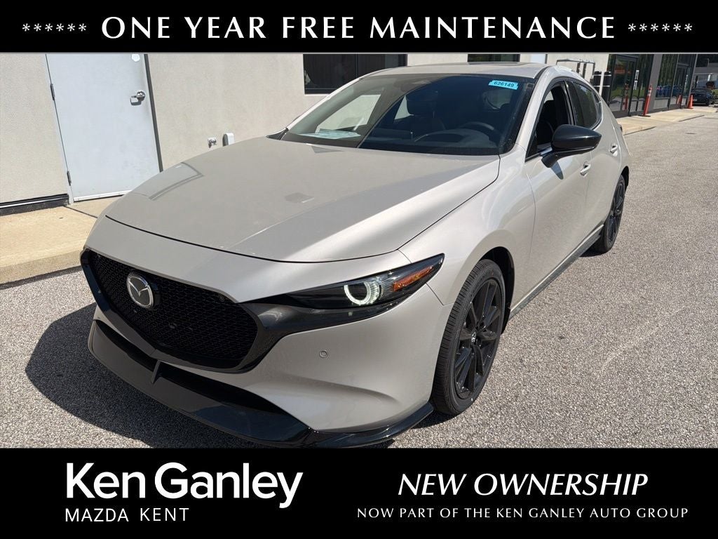 2026 Mazda Mazda3 Hatchback 2.5 Turbo Premium Plus AWD in Platinum Quartz Metallic — front three-quarter view